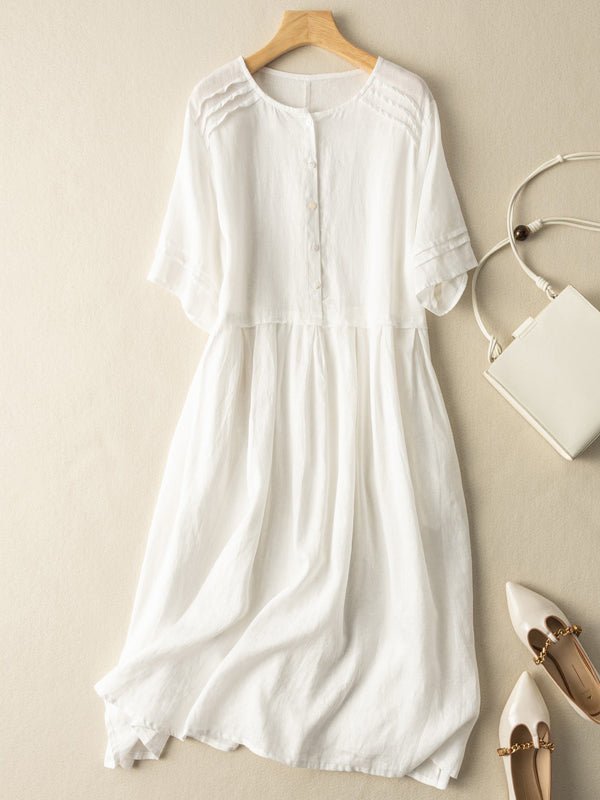 Ramie Linen Round Neck Shirt Dress Short Sleeve - Omychic