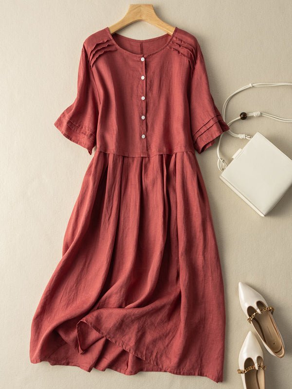 Ramie Linen Round Neck Shirt Dress Short Sleeve - Omychic