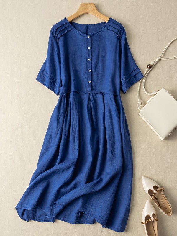 Ramie Linen Round Neck Shirt Dress Short Sleeve - Omychic
