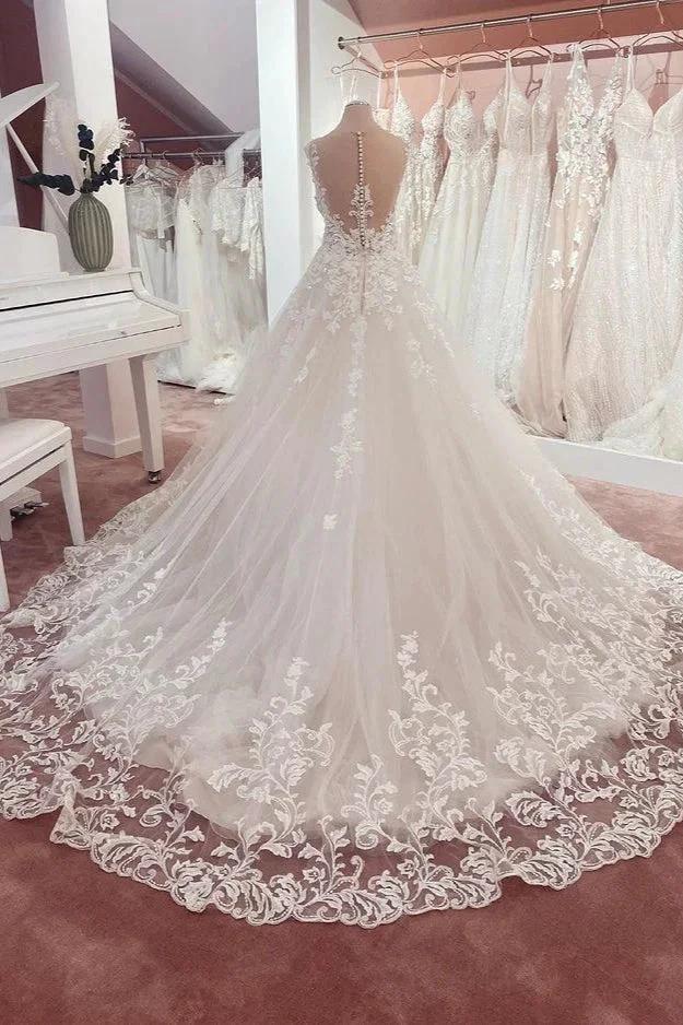Long A-Line Appliques Lace Sweetheart Tulle Wedding Dress (ZD15215)