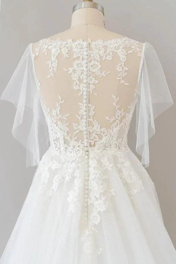 Long A-line Appliques Lace Tulle Wedding Dress with Sleeves (ZD16691)