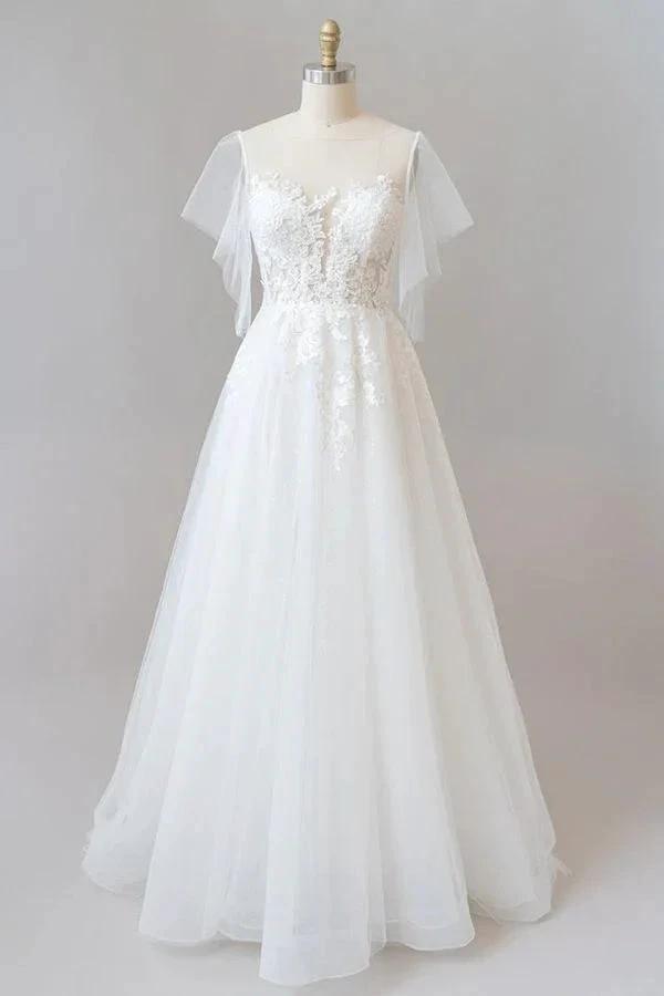 Long A-line Appliques Lace Tulle Wedding Dress with Sleeves (ZD16691)