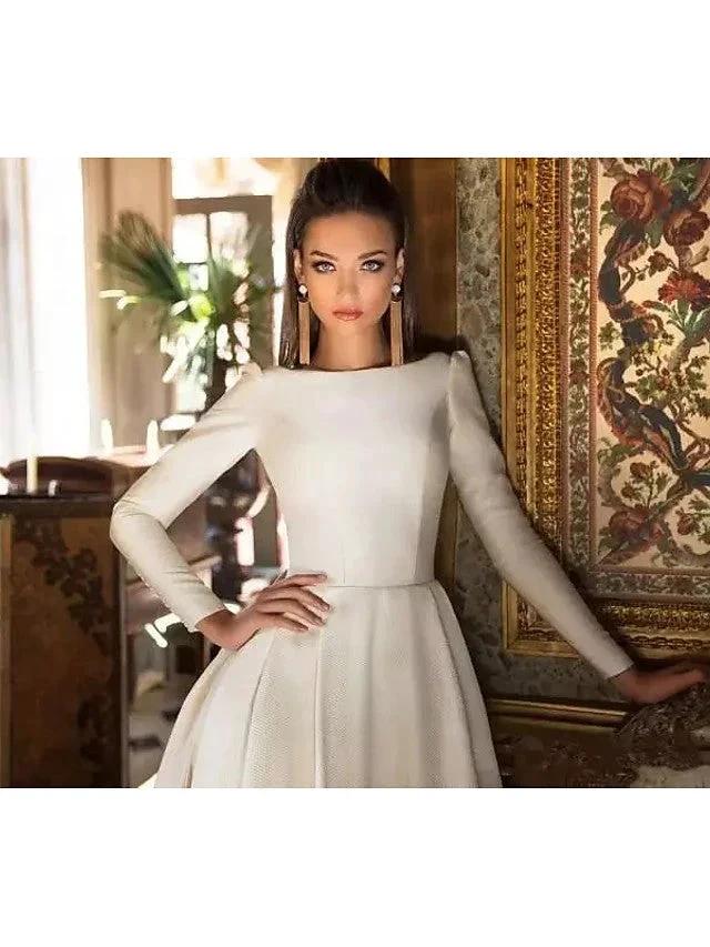 Long A-Line Bateau Neck Court Train Polyester Backless Wedding Dresses with Sleeves (ZD15954)