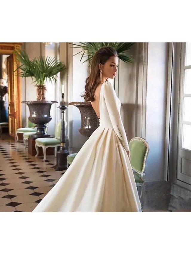 Long A-Line Bateau Neck Court Train Polyester Backless Wedding Dresses with Sleeves (ZD15954)