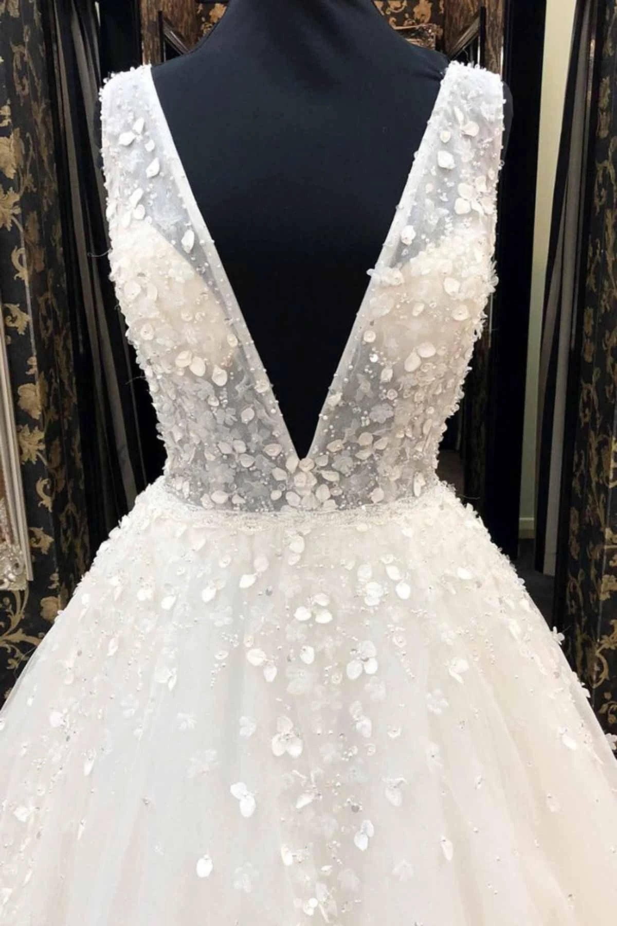 Long A-Line Deep V Neck Tulle Wedding Dress (ZD15825)