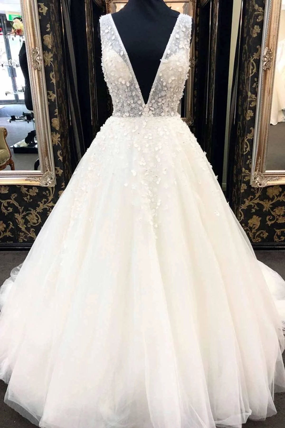 Long A-Line Deep V Neck Tulle Wedding Dress (ZD15825)