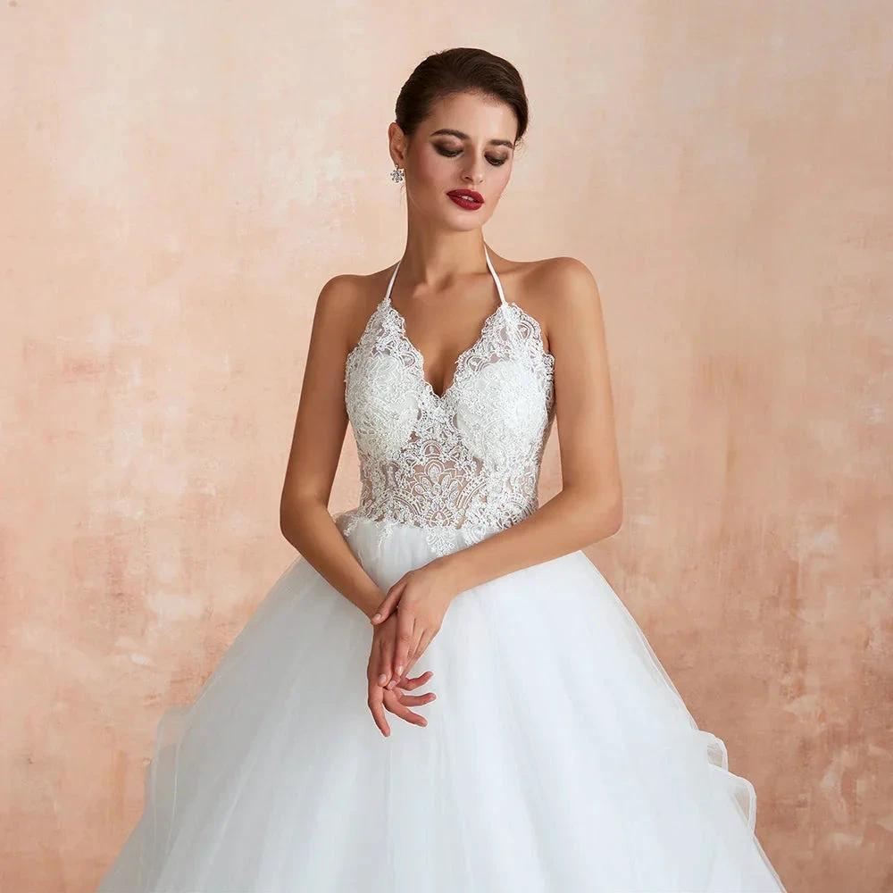 Long A-line Halter Open Back Appliques Tulle Wedding Dress (ZD14400)