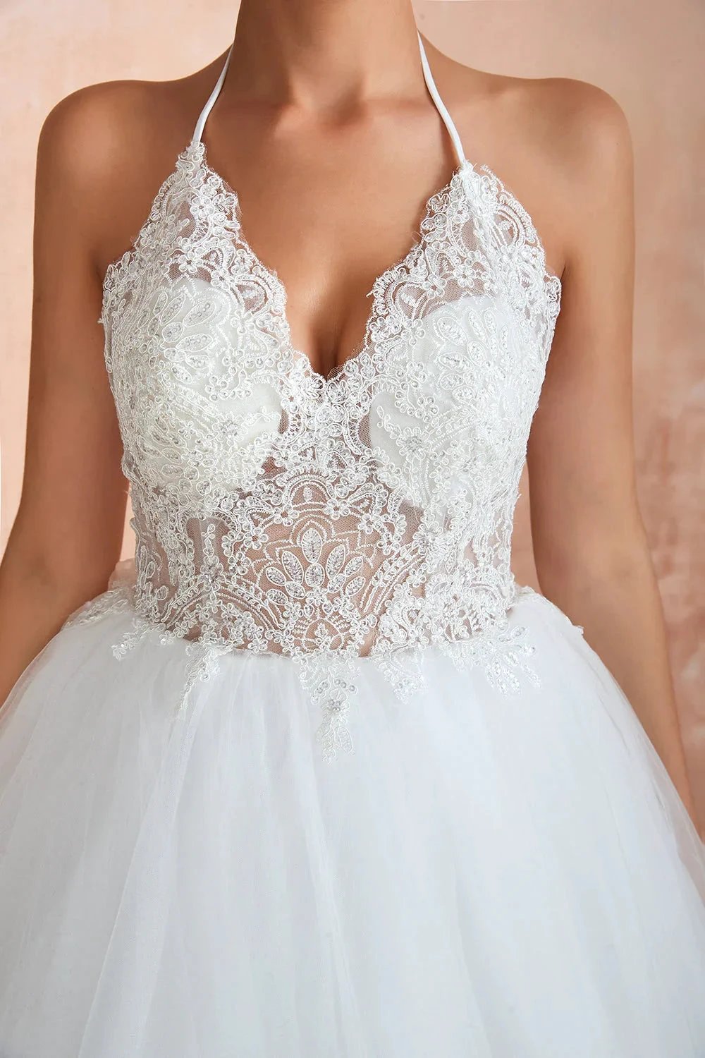 Long A-line Halter Open Back Appliques Tulle Wedding Dress (ZD14400)