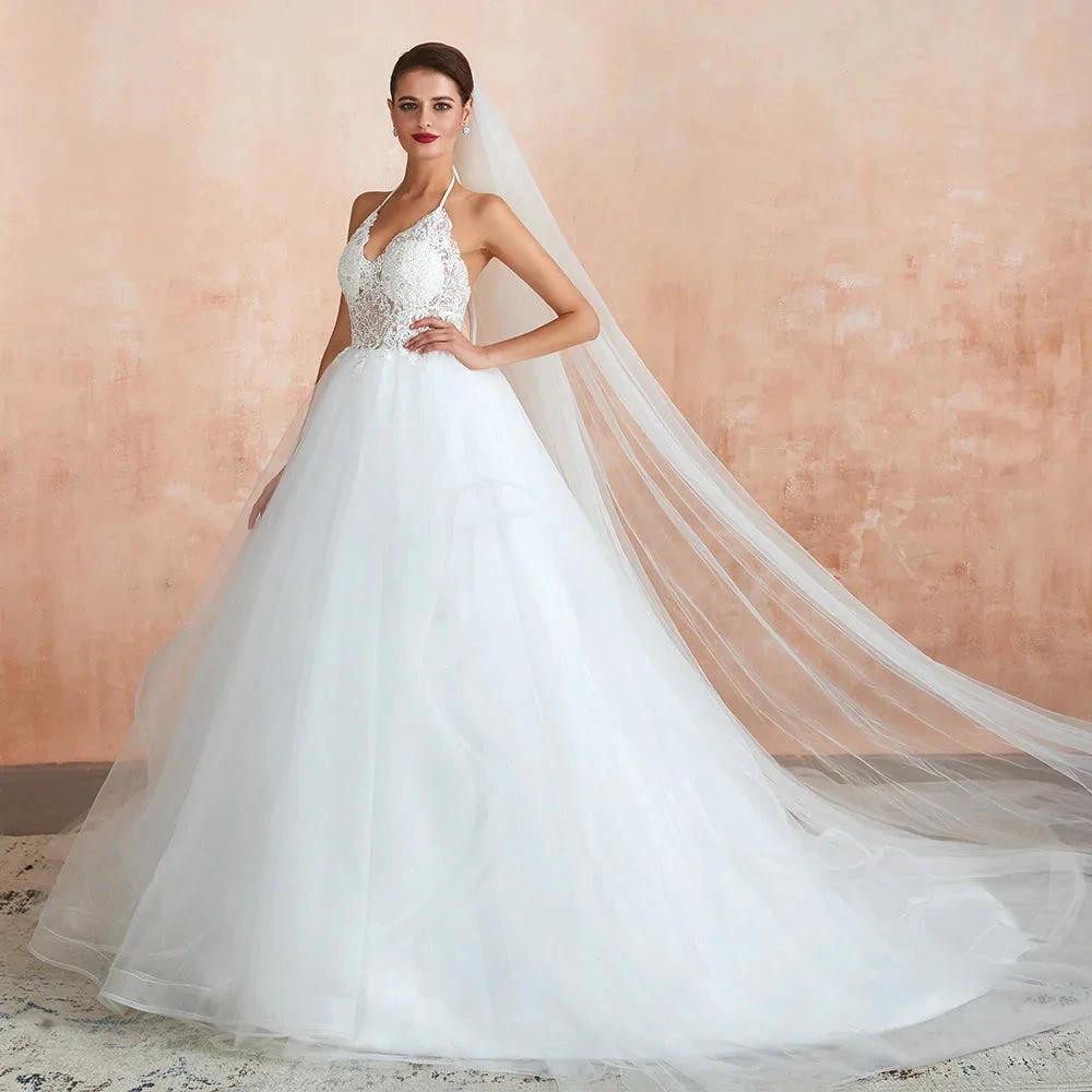 Long A-line Halter Open Back Appliques Tulle Wedding Dress (ZD14400)