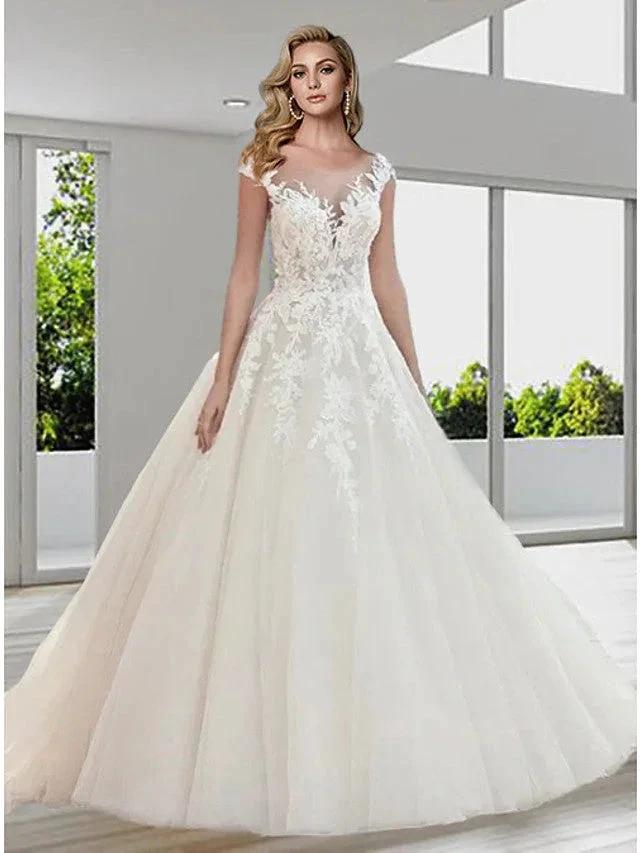 Long A-Line Jewel Neck Sweep Brush Train Lace Tulle Backess Wedding Dresses (ZD15956)