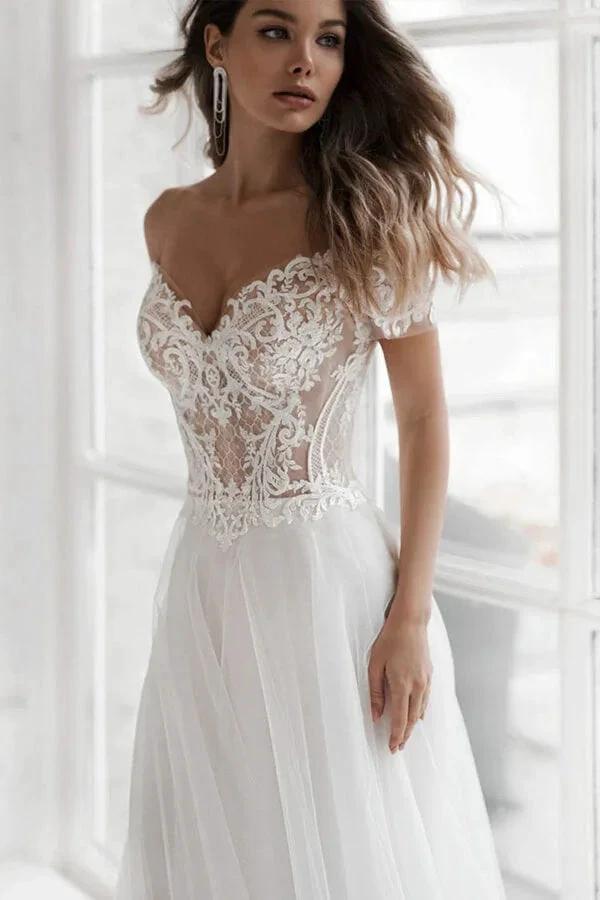 Long A-line Off the Shoulder Appliques Tulle Wedding Dress with Sleeves (ZD14397)