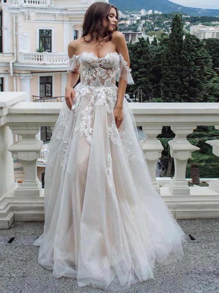 Long A-Line Off-the-Shoulder Lace Tulle Wedding Dresses (ZD15910) - VelvetHem