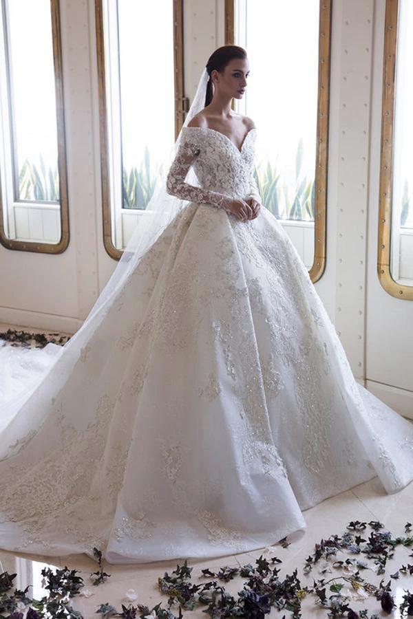 Long A-Line Off-the-Shoulder Sweetheart Backless Appliques Lace Crystal Wedding Dress with Sleeves (ZD15064)