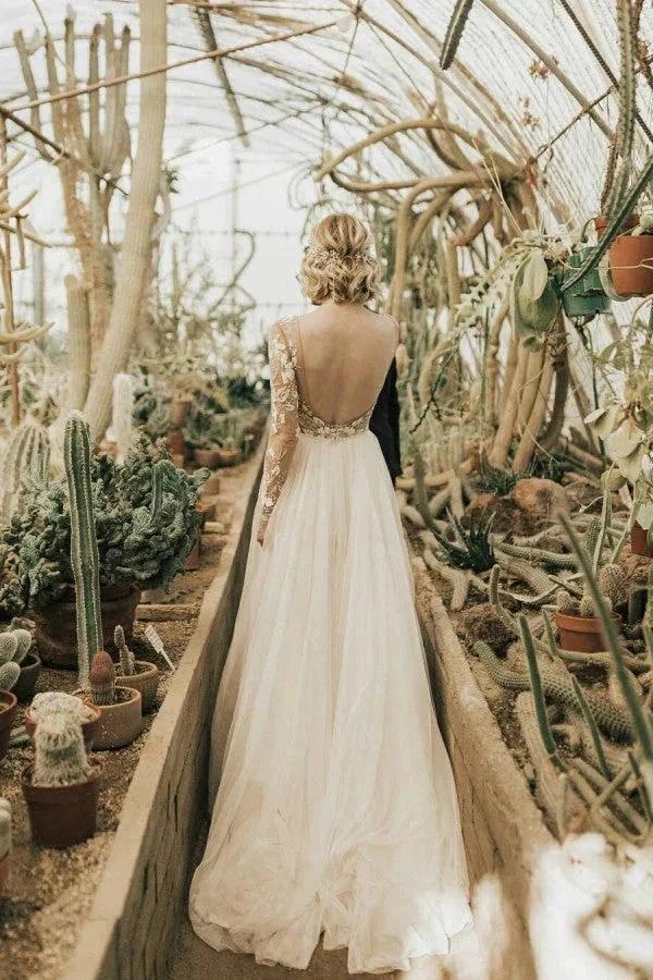 Long A-Line Open Back Chiffon Appliques Lace Wedding Dress with Sleeves (ZD15066)