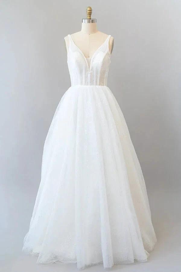 Long A-line Open Back Sequins Tulle Backless Wedding Dress (ZD15783) - VelvetHem