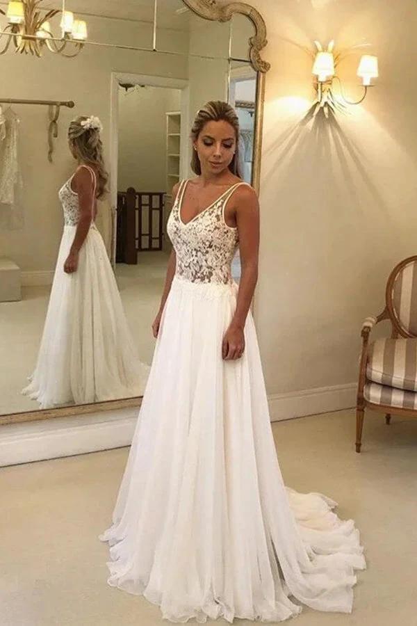Long A-line Open Back V-neck Lace Chiffon Wedding Dress (ZD16693)