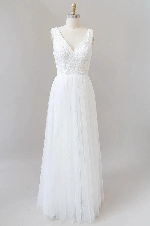 Long A-line Open Back V-neck Lace Tulle Wedding Dress (ZD14377) - VelvetHem