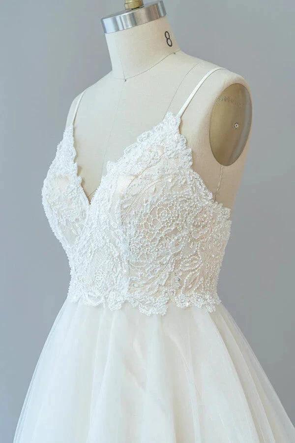 Long A-line Spaghetti Strap Lace Tulle Backless Wedding Dress (ZD14410)