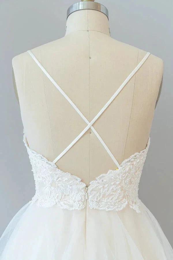 Long A-line Spaghetti Strap Lace Tulle Backless Wedding Dress (ZD14410)