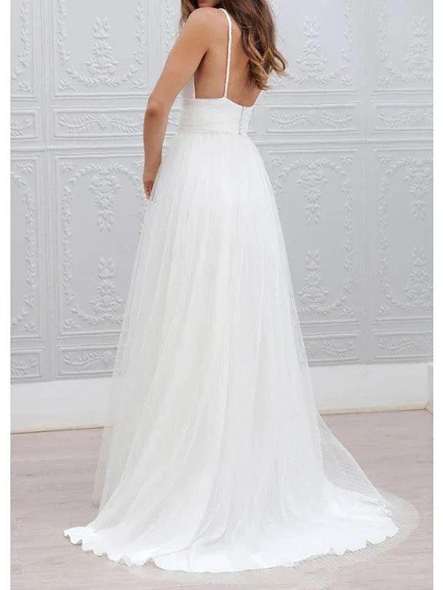 Long A-Line Spaghetti Strap Taffeta Tulle Chiffon Wedding Dresses (ZD14407)