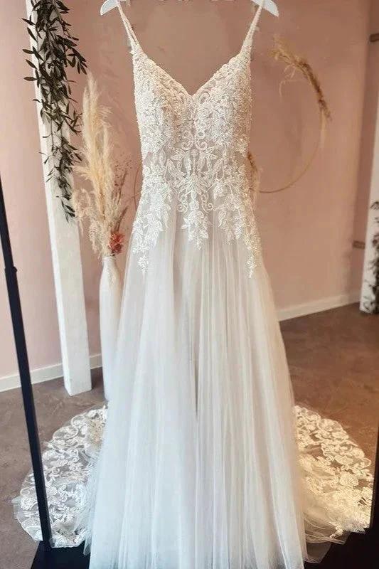 Long A-Line Spaghetti Straps Sweetheart Appliques Lace Tulle Wedding Dress (ZD15210) - VelvetHem