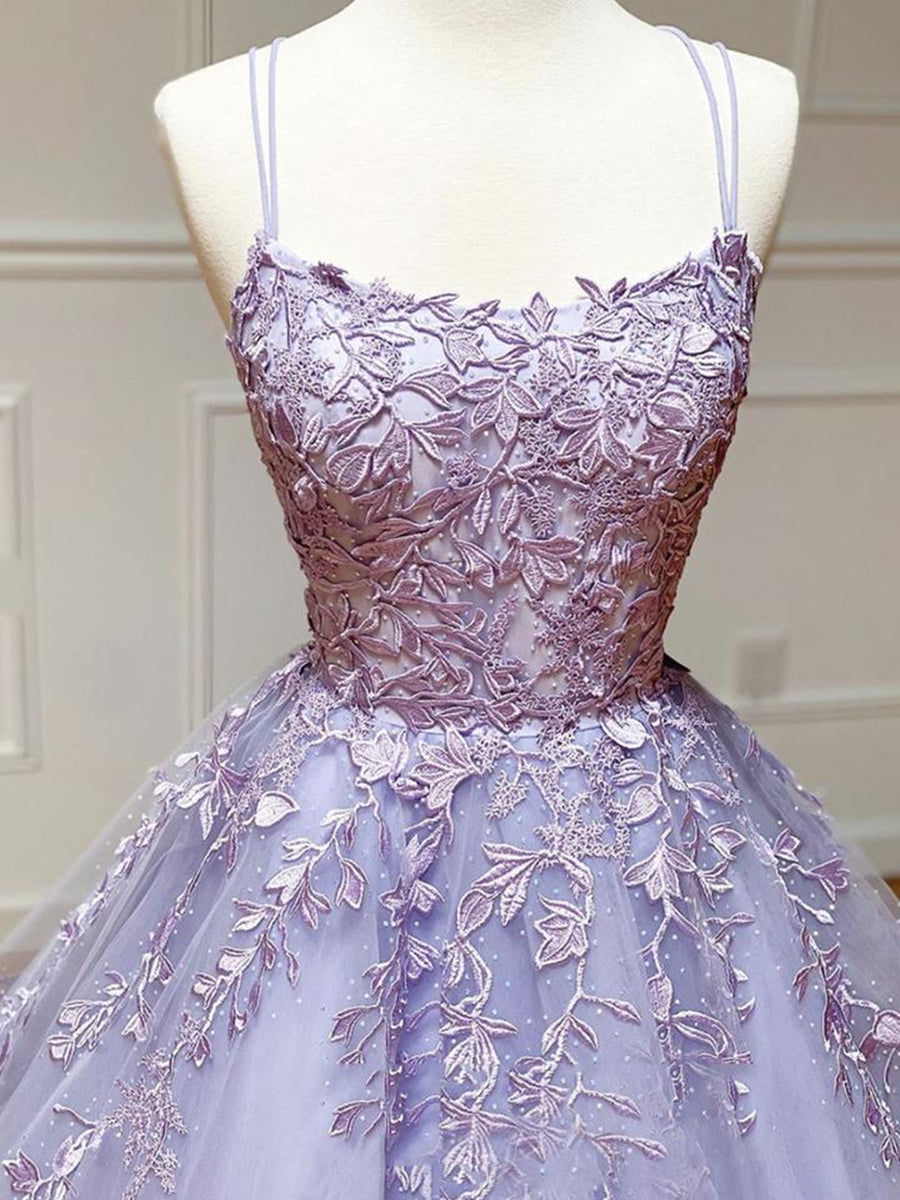 Long A-line Strapless Backless Tulle Lace Formal Graduation Prom Dresses