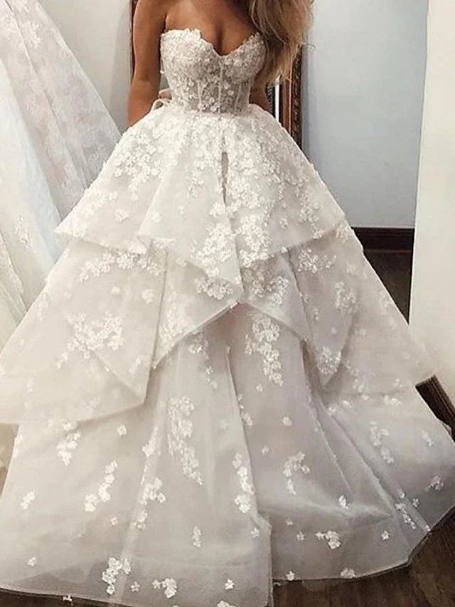 Long A-Line Strapless Sweep Brush Train Lace Tulle Wedding Dresses (ZD15938)