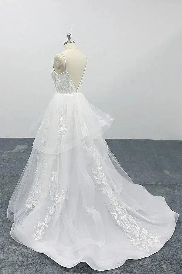 Long A-line Sweetheart Appliques Spaghetti Strap Tulle Wedding Dress (ZD15790)