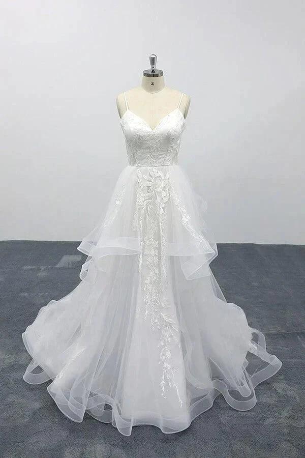 Long A-line Sweetheart Appliques Spaghetti Strap Tulle Wedding Dress (ZD15790) - VelvetHem