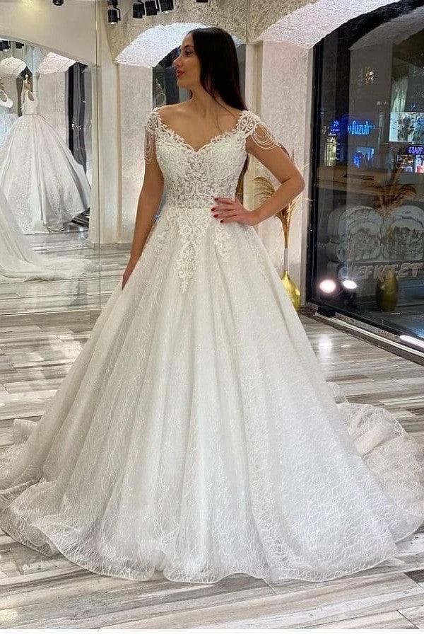 Long A-Line Sweetheart Backless Sequins Appliques Lace Wedding Dresses (ZD15069) - VelvetHem