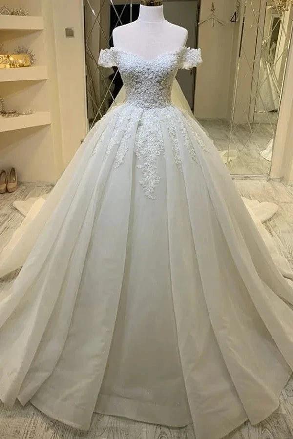 Long A-Line Sweetheart Off-the-Shoulder Appliques Lace Ruffles Wedding Dress (ZD15105) - VelvetHem