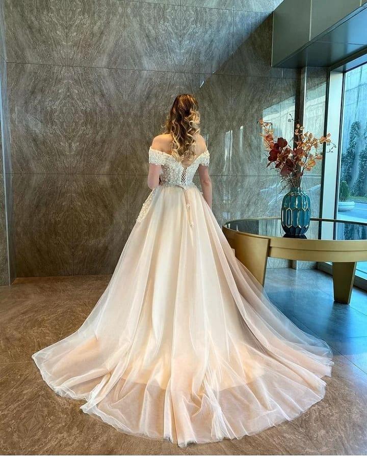 Long A-Line Sweetheart Off-the-Shoulder Backless Tulle Appliques Lace Wedding Dress (ZD15055)
