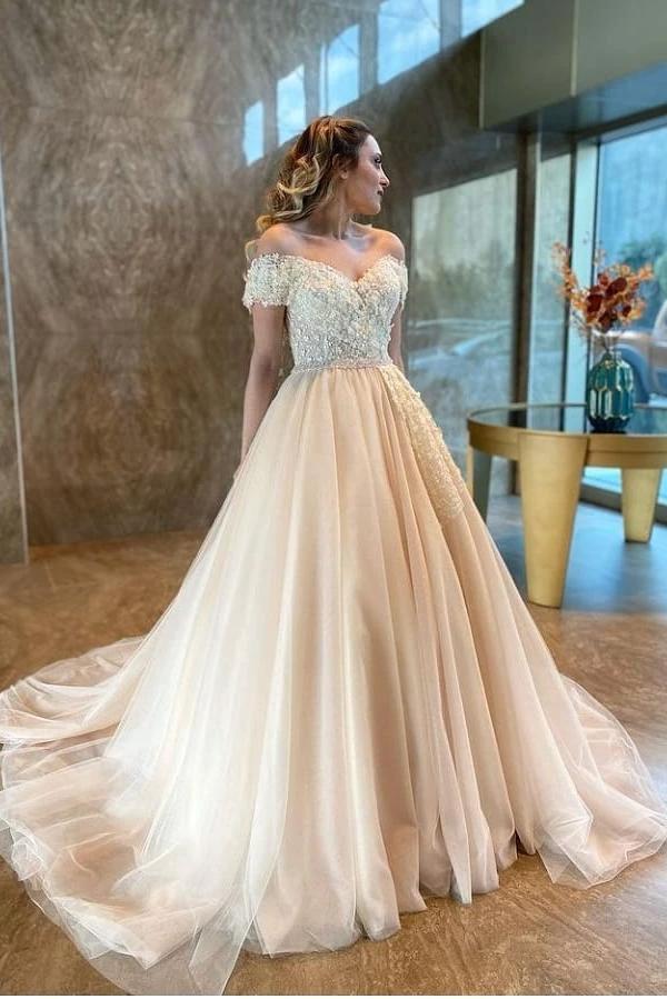 Long A-Line Sweetheart Off-the-Shoulder Backless Tulle Appliques Lace Wedding Dress (ZD15055) - VelvetHem