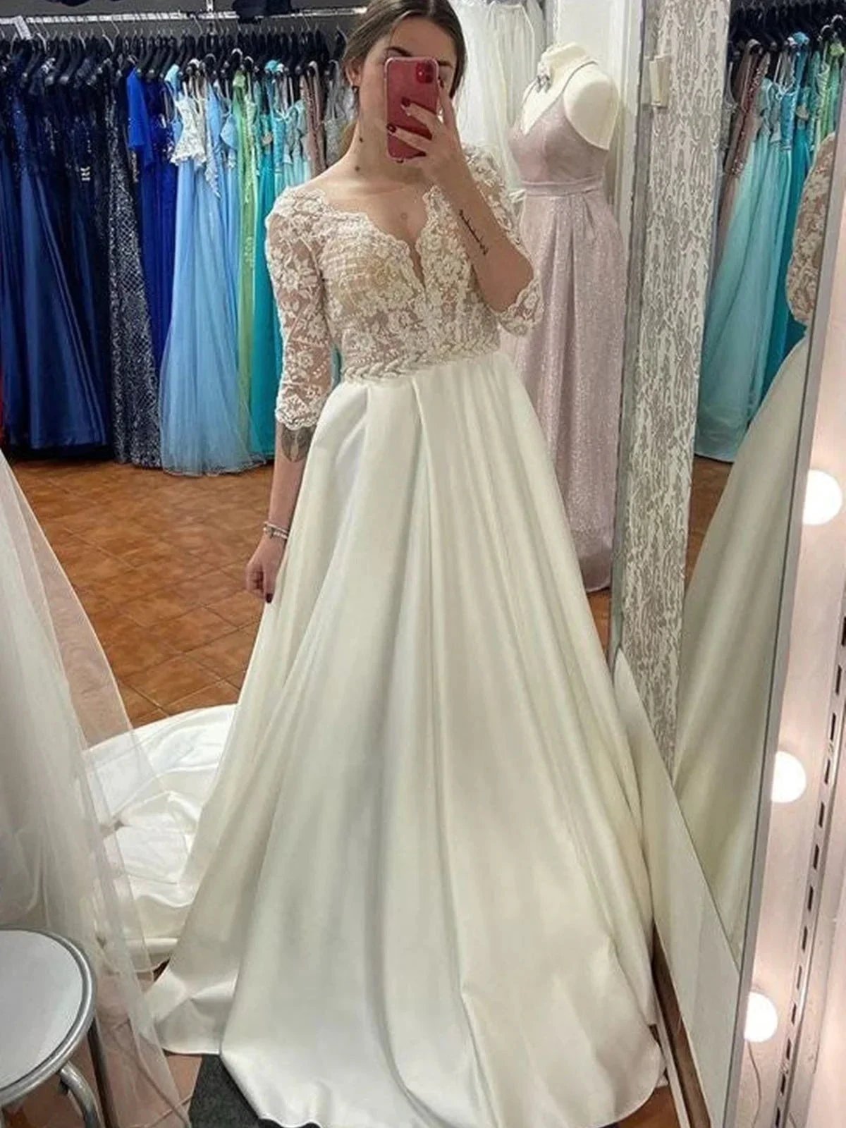 Long A-line Sweetheart Satin Lace Wedding Dress with Sleeves Ivory Bridal Gowns (ZD16757)