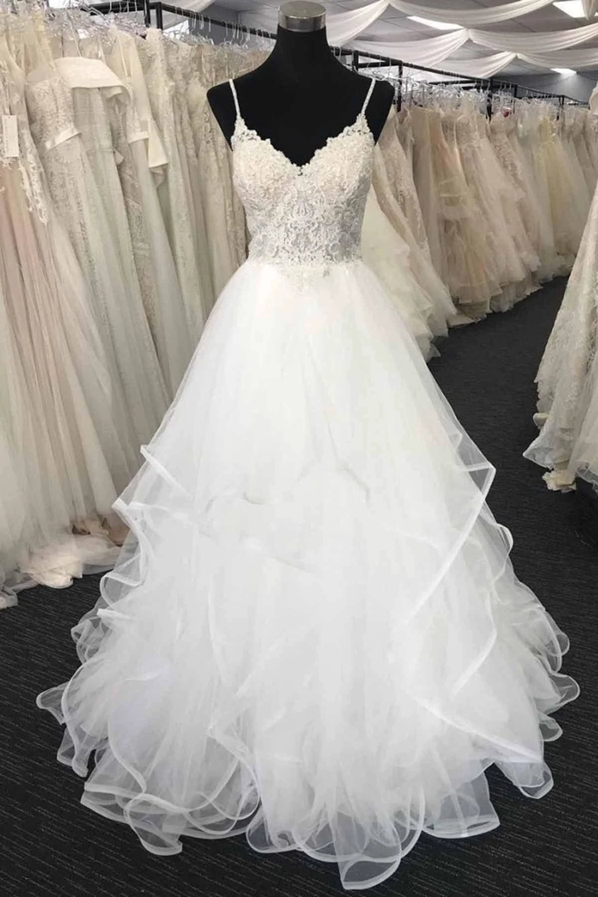 Long A-line Sweetheart Spaghetti Straps Lace Tulle Wedding Dress (ZD15831)