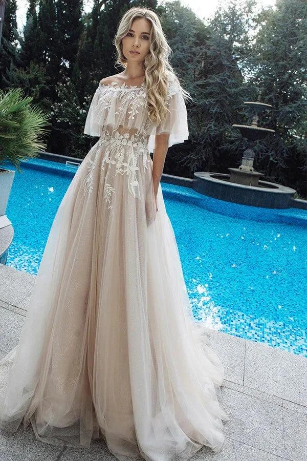 Long A-line Tulle Appliques Lace Off-the-shoulder Wedding Dress (ZD16688) - VelvetHem