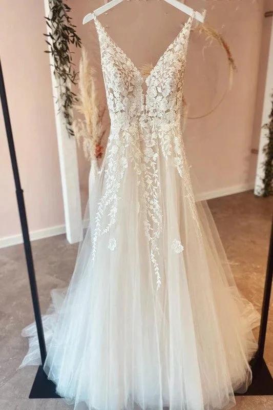 Long A-Line Tulle Appliques Lace Spaghetti Straps V-neck Backless Wedding Dress (ZD15208) - VelvetHem