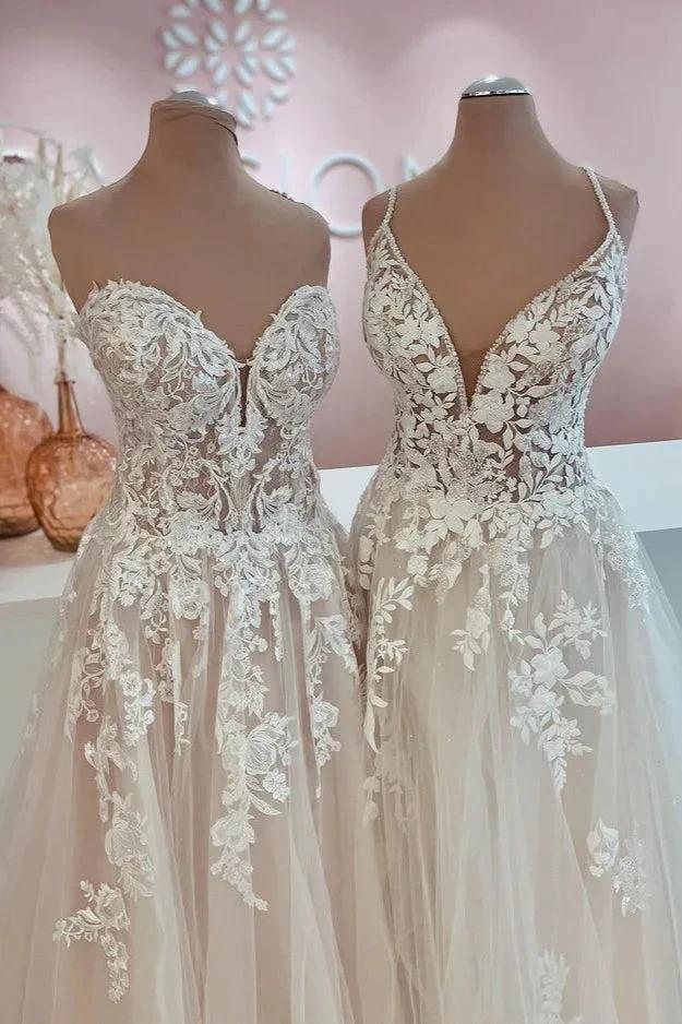 Long A-Line Tulle Lace Appliques Backless Wedding Dress (ZD15212)