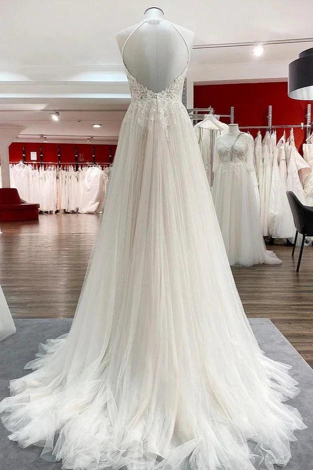 Long A-line Tulle  Open Back Halter Sleeveless Lace Wedding Dresses (ZD15248)