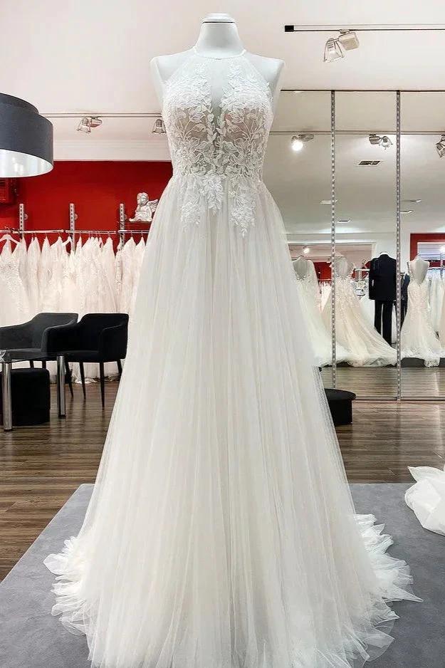 Long A-line Tulle  Open Back Halter Sleeveless Lace Wedding Dresses (ZD15248)