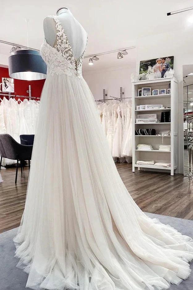 Long A-line Tulle V Neck Open Back Appliques Lace Wedding Dress (ZD15249)