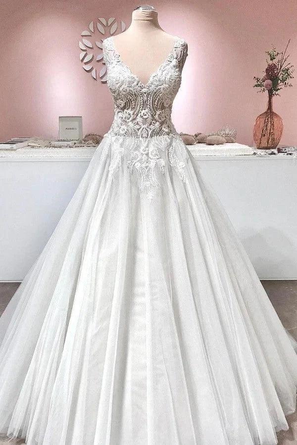 Long A-line V-neck Appliques Lace Backless Tulle Ruffles Wedding Dress (ZD15086)