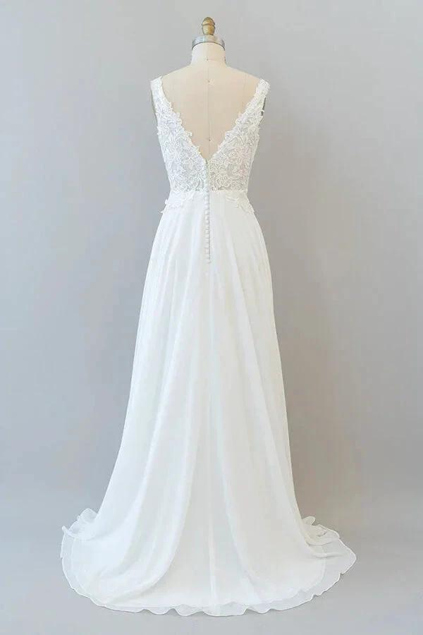 Long A-line V-neck Appliques Lace Chiffon Wedding Dress (ZD14440)