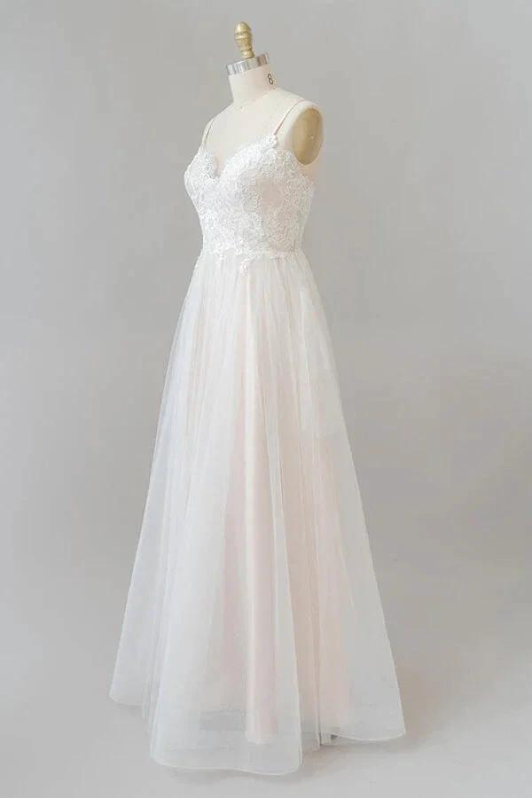 Long A-line V-neck Appliques Lace Tulle Backless Wedding Dress (ZD14399)