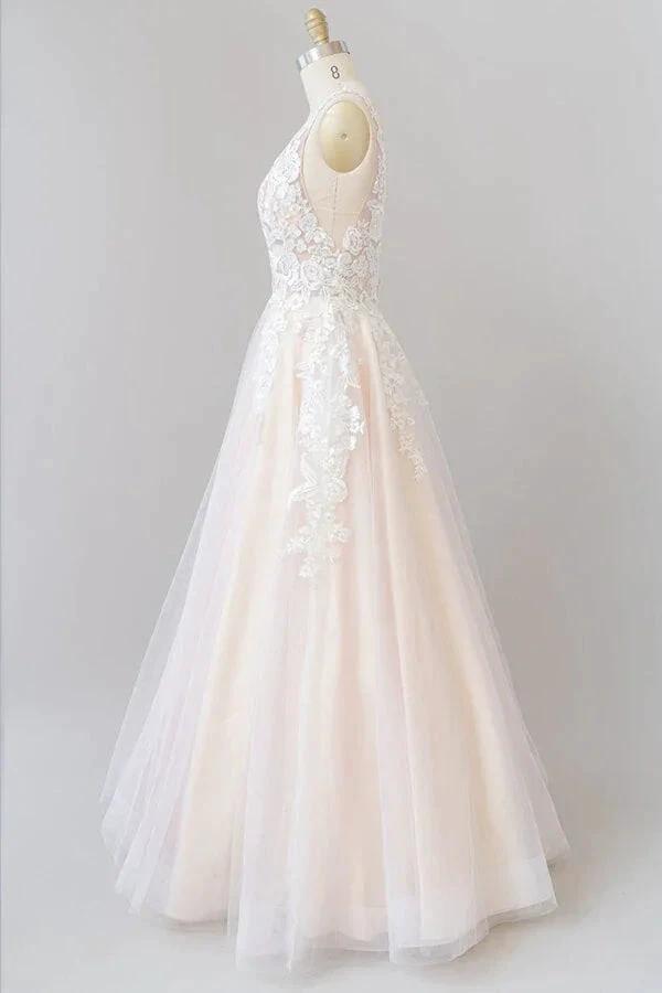 Long A-line V-neck Appliques Lace Tulle Backless Wedding Dress (ZD14431)