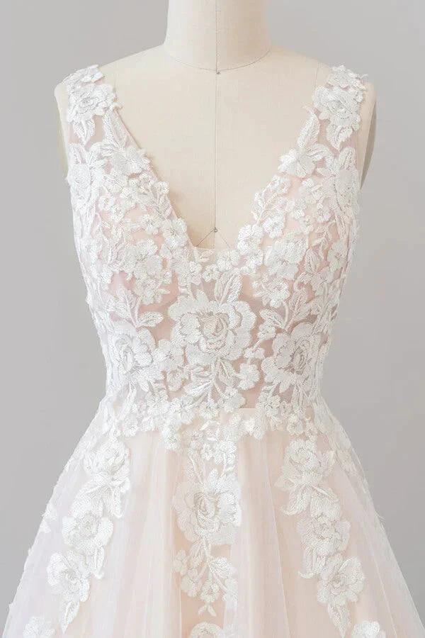 Long A-line V-neck Appliques Lace Tulle Backless Wedding Dress (ZD14431)