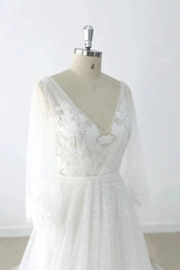 Long A-line V-neck Appliques Lace Tulle Backless Wedding Dress with Sleeves (ZD15788)