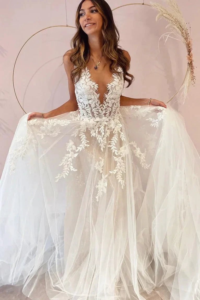 Long A-Line V-neck Appliques Lace Tulle Backless Wedding Dress (ZD14314)
