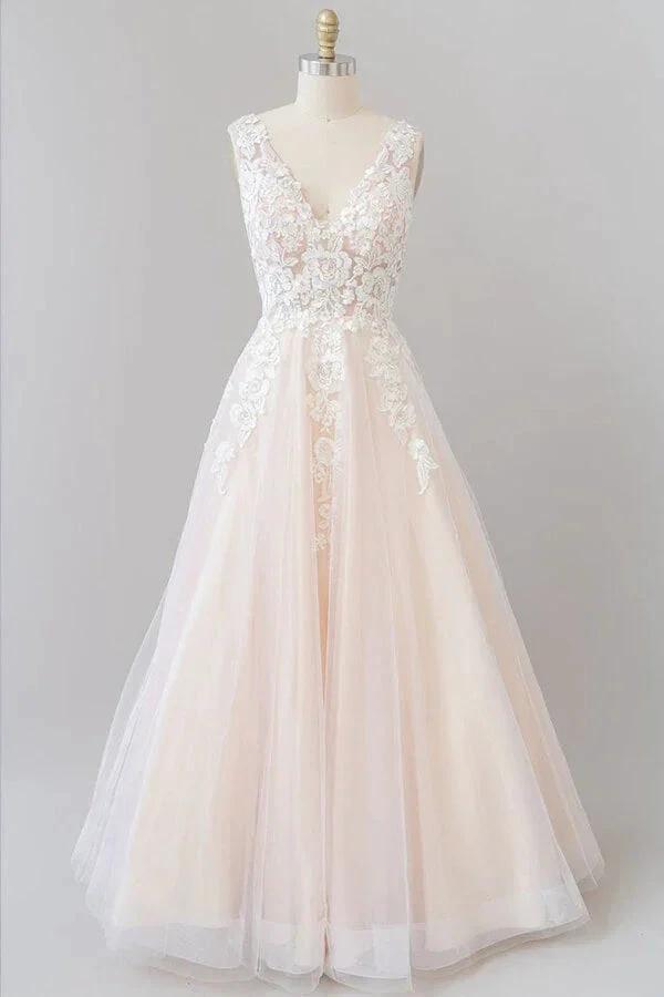 Long A-line V-neck Appliques Lace Tulle Backless Wedding Dress (ZD14431) - VelvetHem