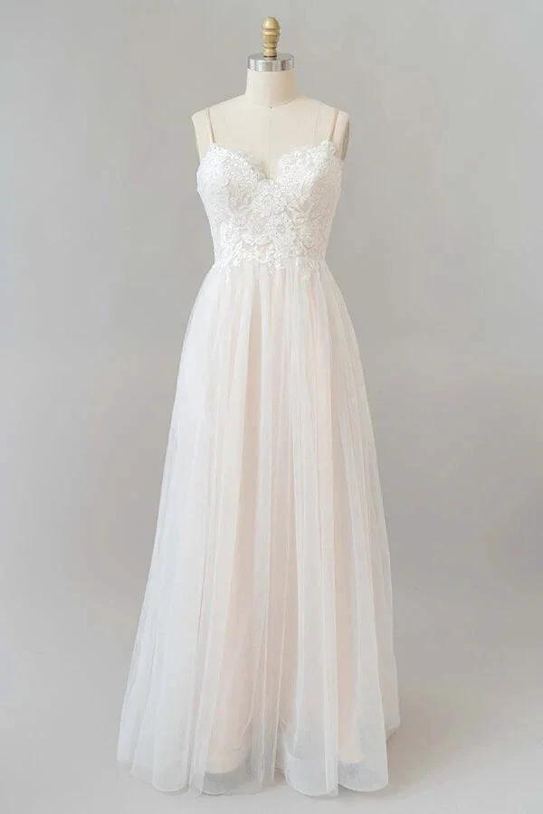 Long A-line V-neck Appliques Lace Tulle Backless Wedding Dress (ZD14399)